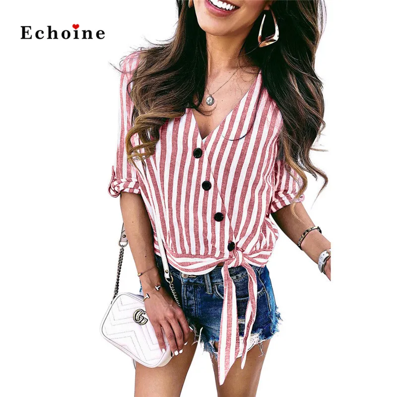 

Echoine Women Stripe Wrap Button Down Shirt Tie Front Low V-Neck Blouse Three Quarter Sleeve Street Lady Petite Boxy Fit Clothes