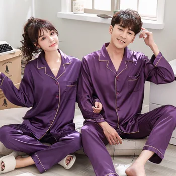 

Women's pajamas silk suit spring and autumn couples home service outdoor men's casual long-sleeved pajamas for men and women