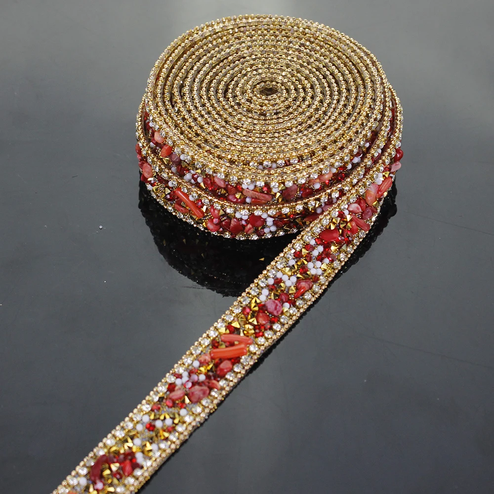 2yards Red Gold Hot fix Rhinestones Trim Chain Crystal Iron on Applique Trimming Stickers for Collars Shoes Edging