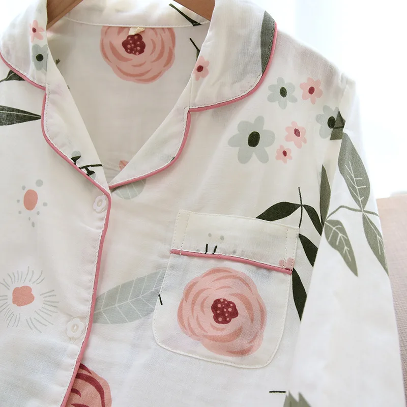 Ladies Pajamas Set 100% Gauze Cotton Cartoon Rose Printed 2Pcs Turn-down Neck Shirt+Pants