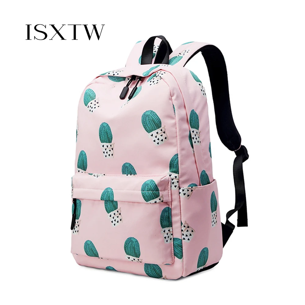 

ISXTW Girl School Backpack Pink Cactus Pattern Waterproof Nylon Fabric, with Computer Compartment Casual Women's Backpack /C47