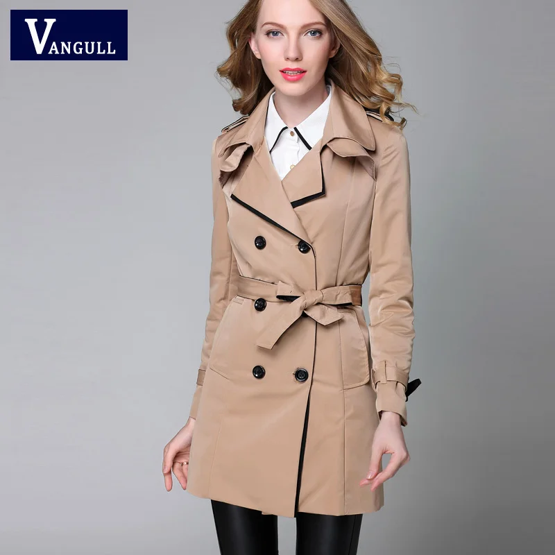 VANGULL 2018 New Fashion Designer Brand Classic European Trench Coat khaki Black Double Breasted Women Slim Patchwork Coat