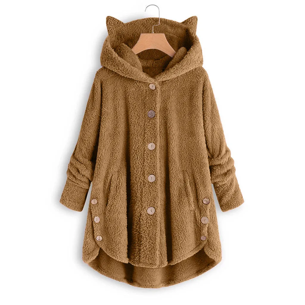 Женское зимнее плюшевое пальто из флиса с кошачьими ушками Kawaii, теплая толстовка с капюшоном, топ размера плюс, Женский Длинный пуловер с капюшоном на кнопках, Chaquetas# EQ