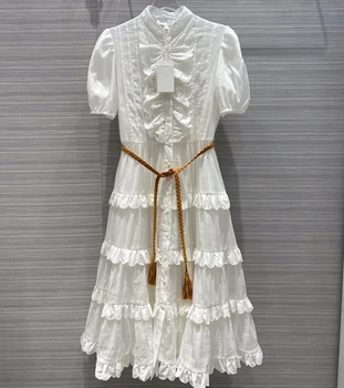 

high quality women summer linen ruched ruffles white Dresses Elegant Designer puff sleeve single breasted long Dress S189