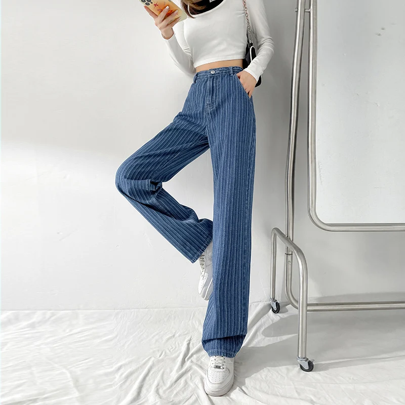 wide leg jeans Jacquard Blue Women Pants 2021 New Casual Striped Retro Basic Straight Loose Plus Size Jeans Y2K Fashion Trendy Ladies Trousers cargo jeans