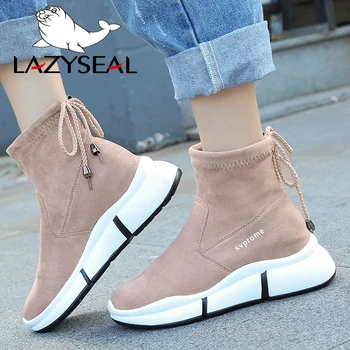

LazySeal Chunky Heels Ankle Boots For Women Ankle Strap Square Toe Slip-on Solid Color Flat-soled Ladies Shoes Woman Sneakers