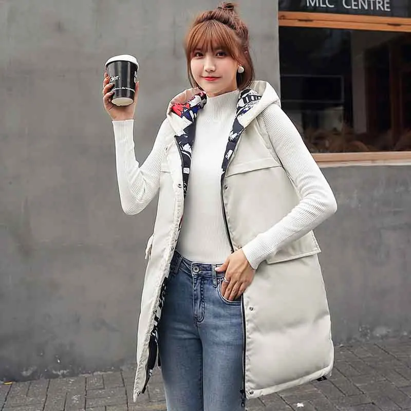Бежевый Женский зимний жилет осенне-зимний толстый теплый жилет Повседневный однотонный длинный стильный жилет без рукавов с капюшоном пальто большого размера - Цвет: Бежевый