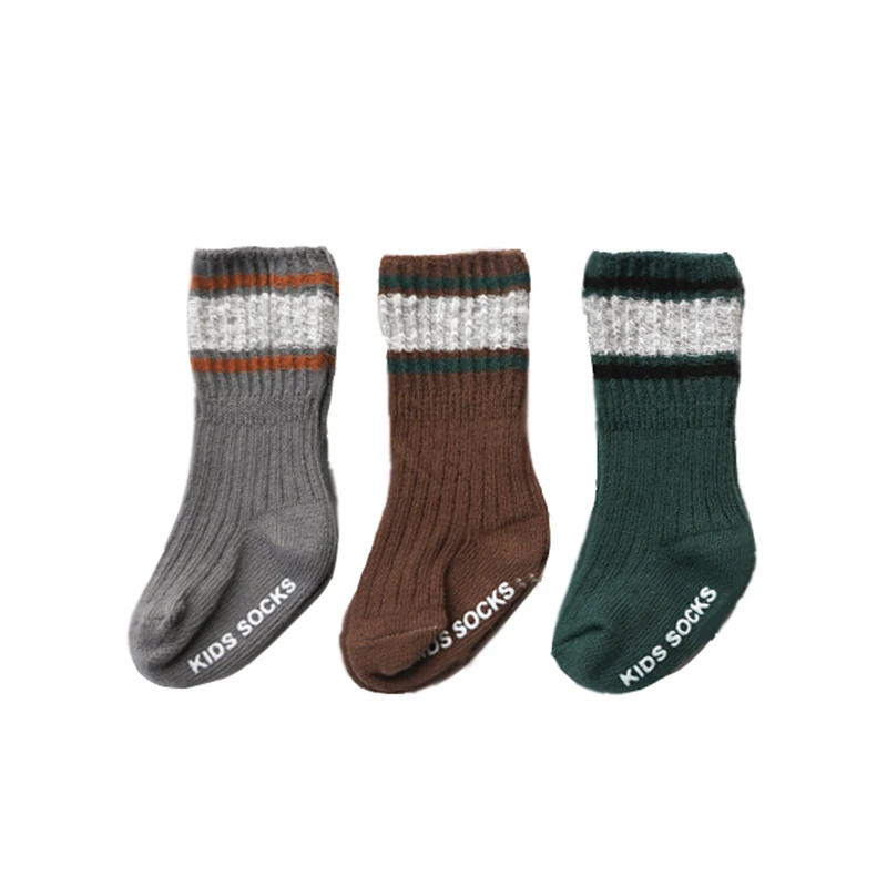 Gray Coffee Green 3 пар/компл. Носки Детские теплые высокие носки для маленьких мальчиков зимние носки из хлопка для детей ясельного возраста, полосатые носки для 1/3/5/8 лет - Цвет: Gray Coffee Green