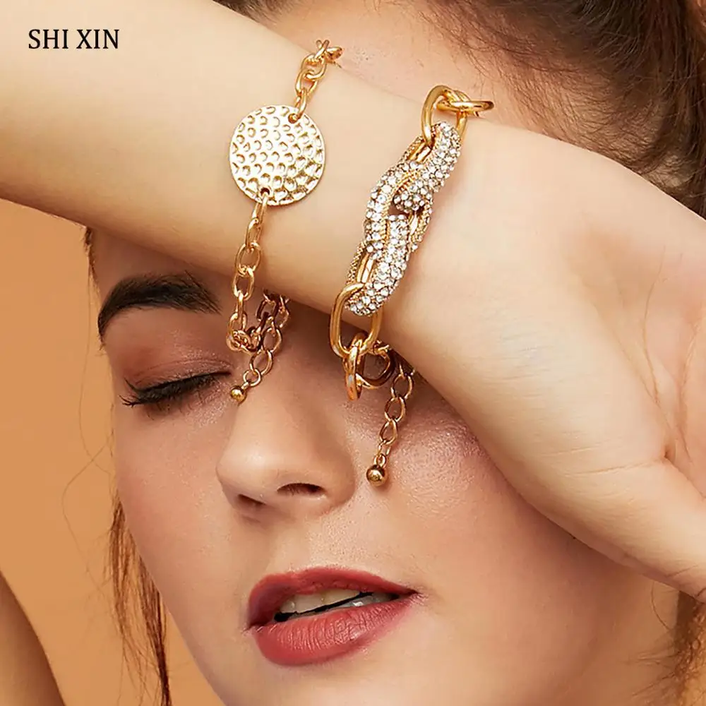 SHIXIN хип-хоп Кристальный кубинский браслет-цепочка для женщин/девушек золотые модные браслеты Набор браслетов Femme ручная цепочка ювелирное изделие