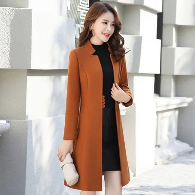 Caramel colour Элегантное шерстяное пальто куртка осень зима женская плюс размер тонкий воротник стойка длинная верхняя одежда из искусственной шерсти модное женское пальто - Цвет: Caramel colour