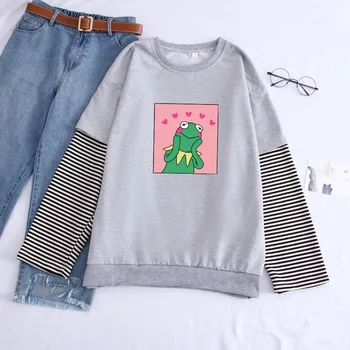 

Frog Print Fake Two Pieces Women T-shirts O Neck Long Sleeve Female Tshirt Tops 2020 Spring Autumn Casual Fashion Lady t shirts