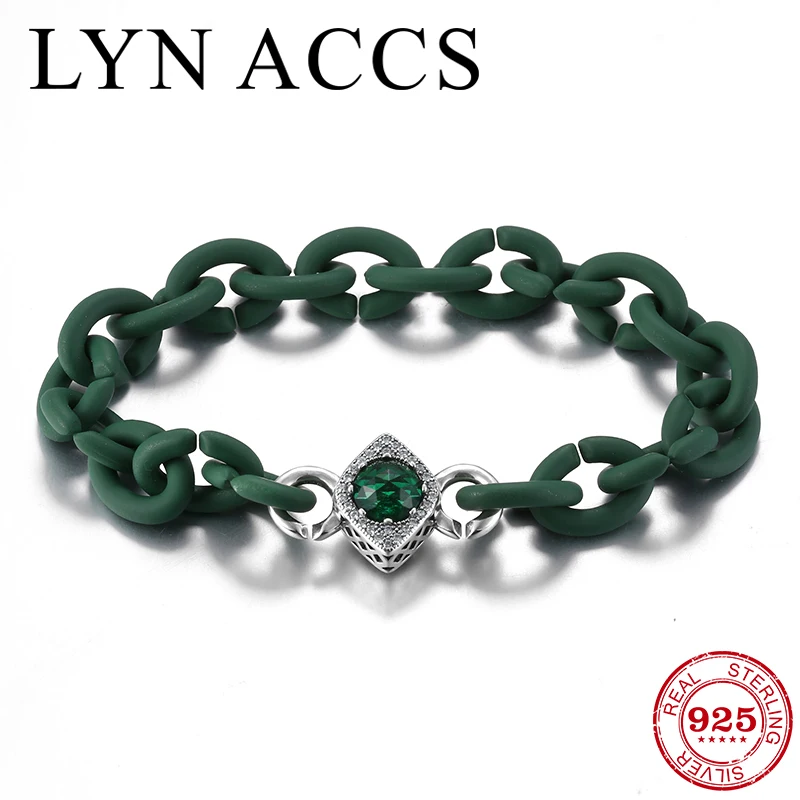 

Luxury 925 Sterling Silver Sea Green Dazzing Zircon Hard Rubber X Bracelet Jewelry Crystal Charm Bracelet For Women men Jewelry