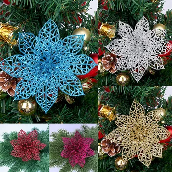 

10x Glitter Poinsettia Flower Christmas Wreath Tree Decorations Xmas Crafts 14cm Merry Christmas Decorations For Home