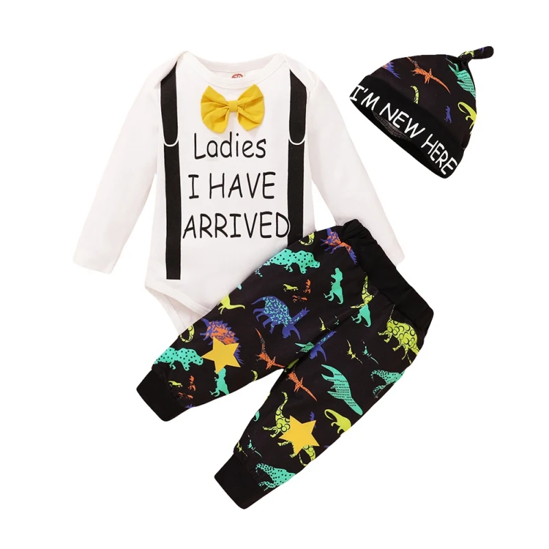 

3Pcs Newborn Baby Cute Boys Bow Tie Strap Long Sleeve Bodysuit +Pants+Hat Infant Outfits Suit Set