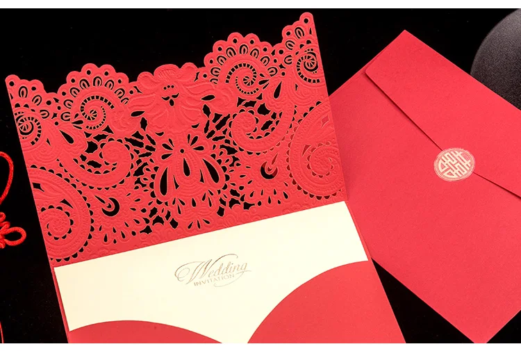 50pc Red/Gold Wedding Invitation Card Elegant Flower Embossed Laser Cut Engagement Invites with Printable Inner Sheet and Envelo