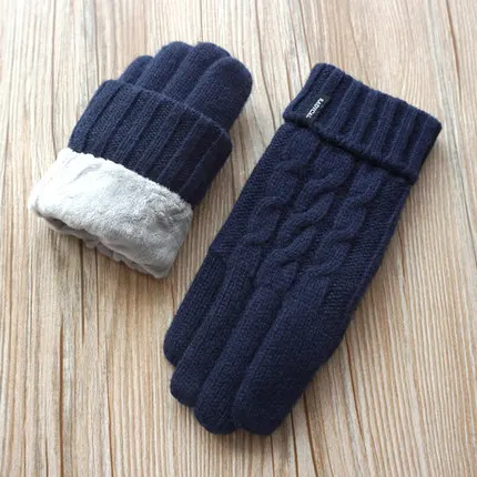 Navy blue Для мужчин перчатки Сенсорный экран теплые перчатки модная зимняя куртка на хлопковом подкладе для мальчиков плюс толстый бархат теплая шерсть вязанные перчатки унисекс - Цвет: Navy blue