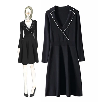 

Europe Style Solid Knit Casual Dress Women Long Sleeve Deep V-neck Vintage Ladies Dresses Winter Autumn Knitted Sweater Dress