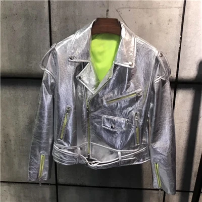 Coat silver Женская куртка из натуральной кожи ярких цветов; куртка из натуральной овчины; сезон весна; Новинка; Модный комплект из лакированной кожи с юбкой - Цвет: Coat silver