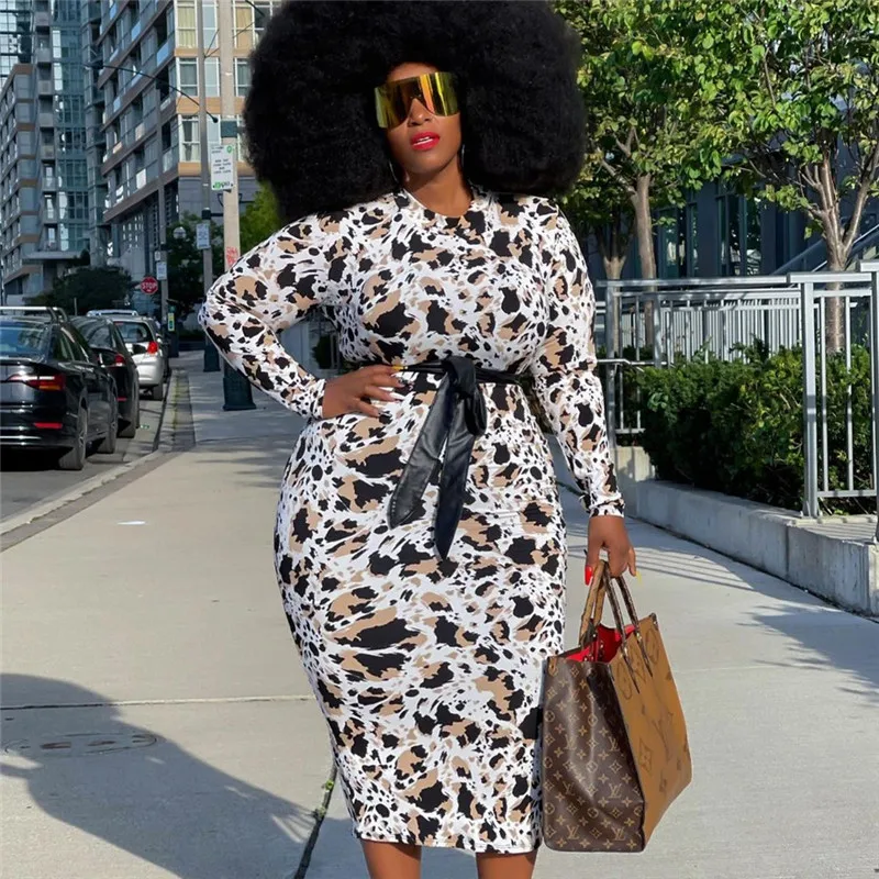 Plus Size Dress for Women Leopard Print  Bodycon Lace Up Stretch Sexy Maxi Dress Fall Clothes New Style Wholesale Dropshipping