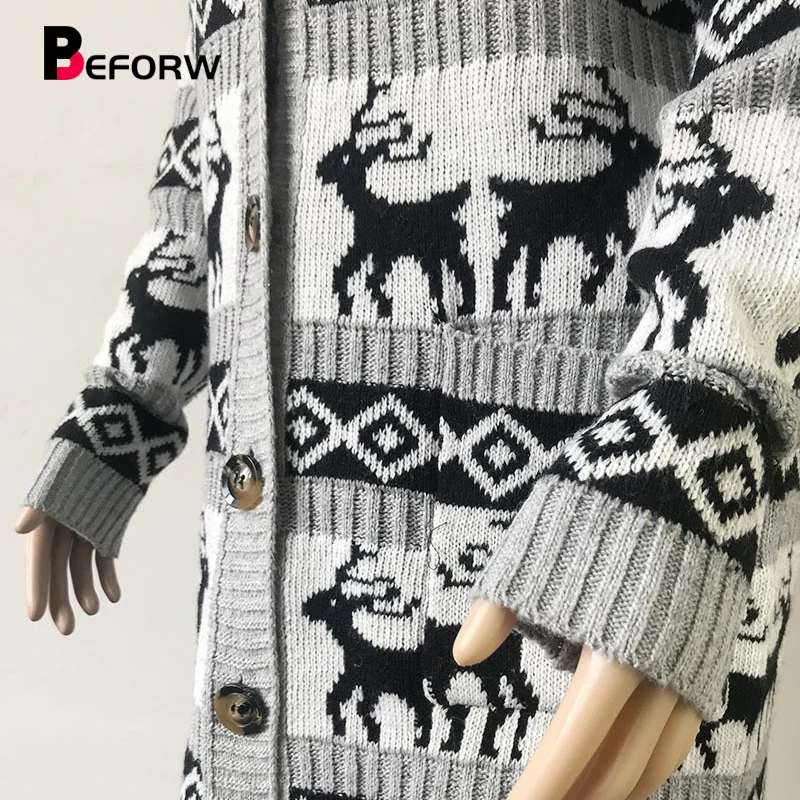 BEFORW Fashion Women Reindeer Pattern knitted Oversized Cardigan Sweater Fall Winter Loose Christmas Sweaters Cardigans