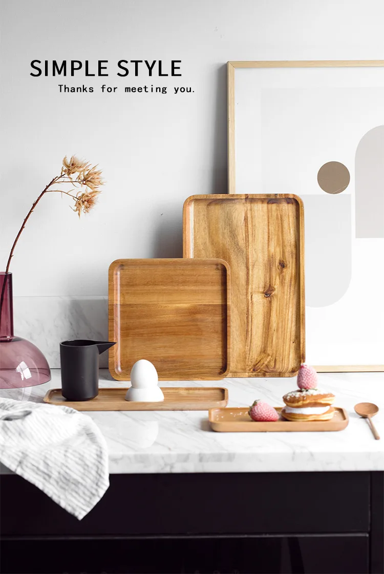 Description Picture 3 of itemAcacia Square Plate Breakfast Bread Plate Saucer Tea Tray Dessert Dinner Plate Tableware Whole Wood Fruit Dishes WF