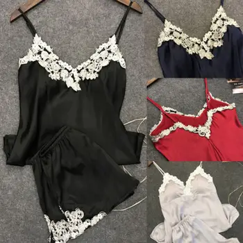 

2pcs Set Women Sexy Satin Lace Decoration V-Neck Sleeveless Tops Shorts Sleepwear Pajamas Ladies Solid Color Summer Nightwear