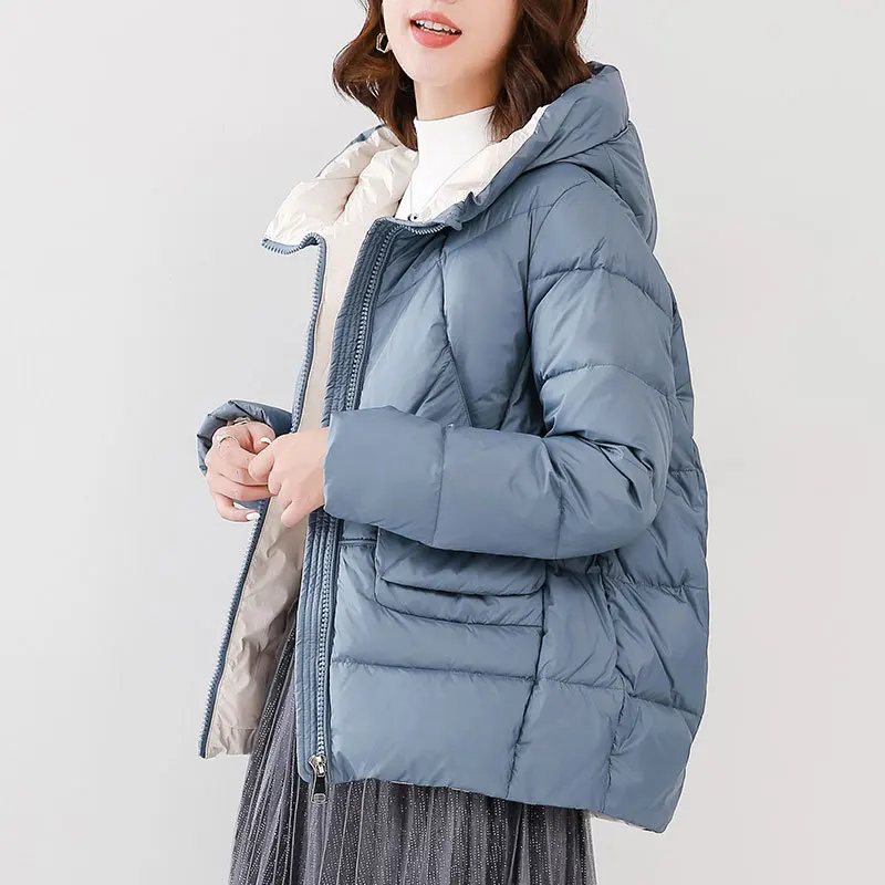 Light blue AYUNSUE Для женщин пуховое пальто с капюшоном, Белое пуховое пальто зима-осень светильник пуховик Doudoune Femme Hiver WD1Y19118 KJ3677 - Цвет: Light blue