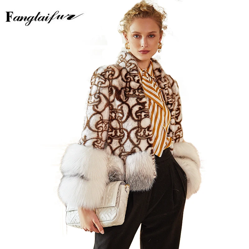 Fang Tai Fur 2019 Fashion Week Winter Import Velvet Mink Coat Fox Sleeve Print Coats Women's Short Real | Женская одежда
