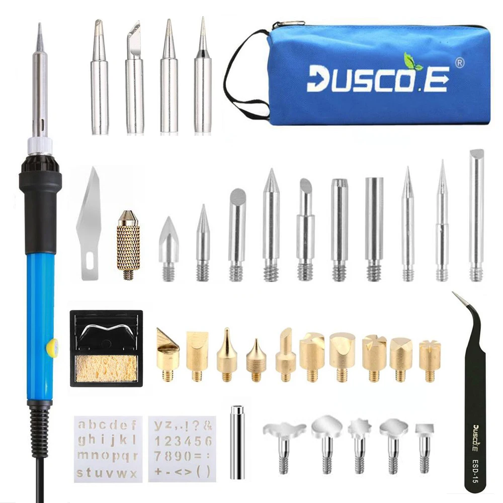 E KIT 220 В/110 В 60 Вт регулируемый паяльник, набор для выжигания по дереву, набор ручек для пирографии, сварочные наконечники, инструменты для выбивания дерева - Color: E KIT