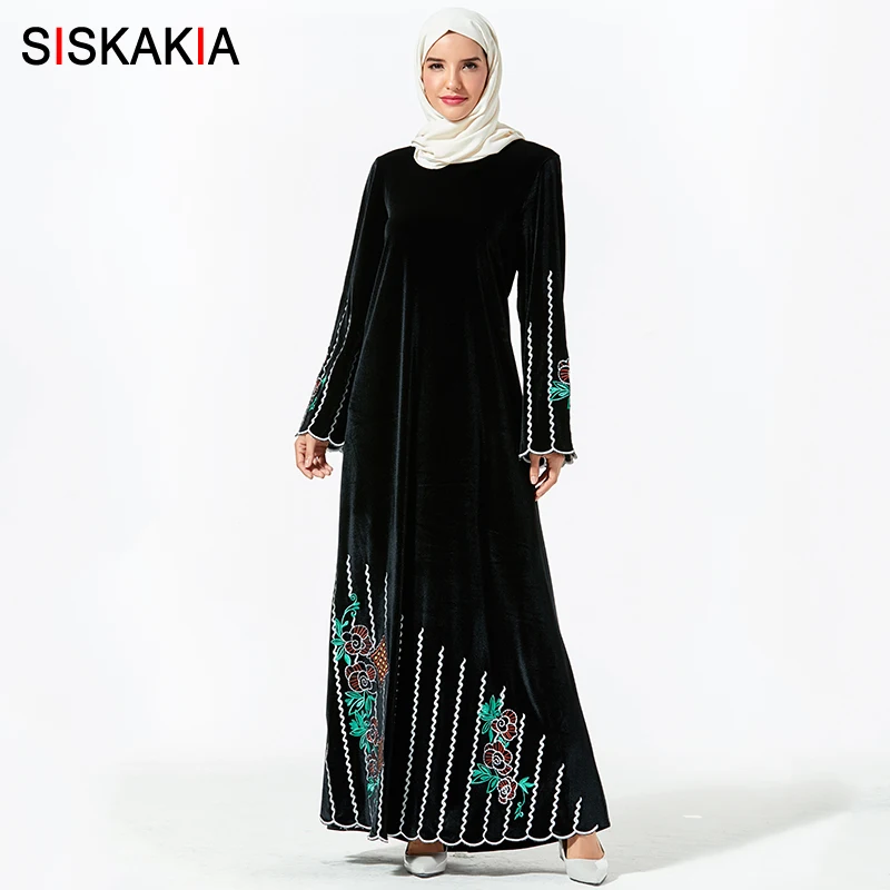 balck dress Siskakia вельветовое длинное платье с вышивкой, черное, плюс размер, круглый вырез, длинный рукав, платья, зима, мусульманская женская одежда - Цвет: balck dress