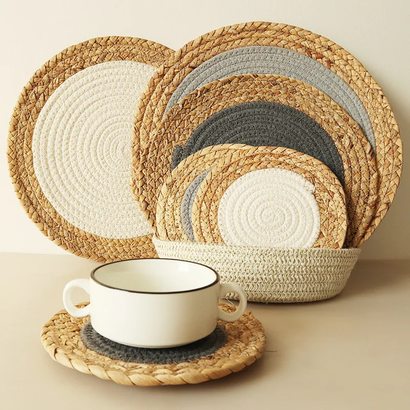 

1Pc Straw And Cotton Rope Mixed Woven Dining Table Insulation Placemat Coaster Pan Mat Kitchen Accessories Decoration