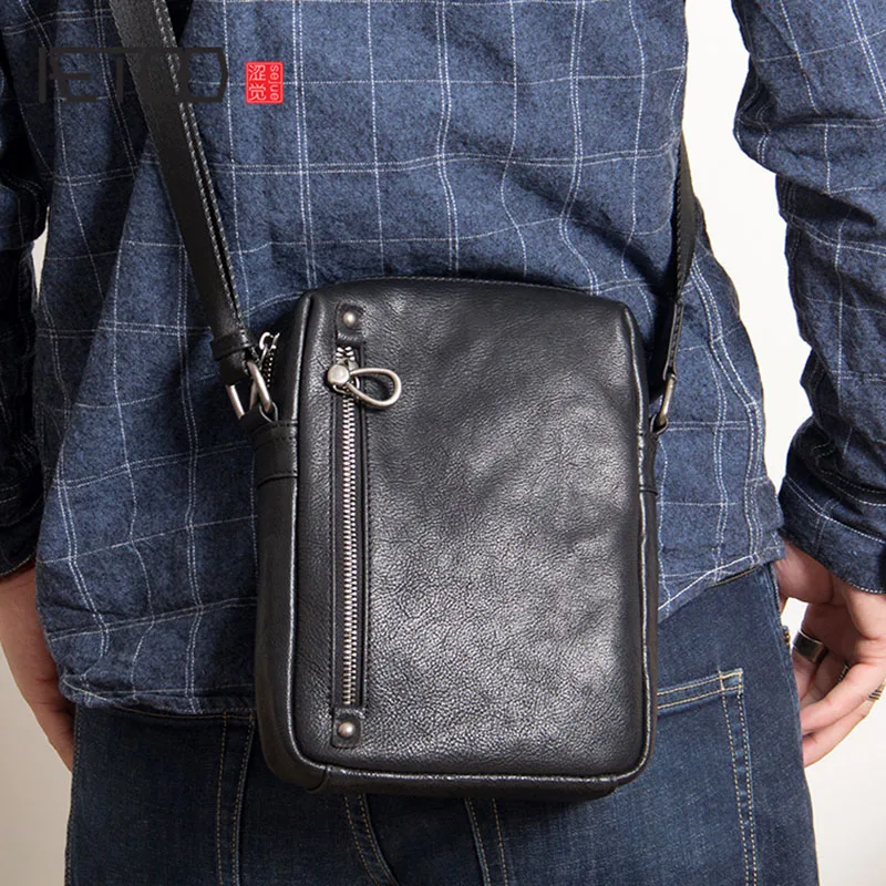

BJYL Men's literary retro oblique cross bag, head leather men's single shoulder bag, carry small span bag