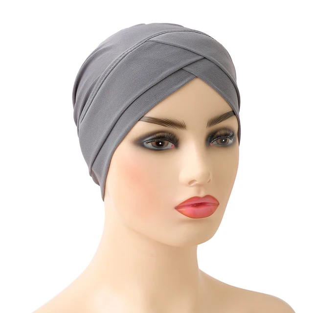 H117 High Quality Criss Cross Muslim Hijab Inner Hat Underscarf Pull On Islamic Scarf Turban Caps Full Headcover Women Headwrap grey