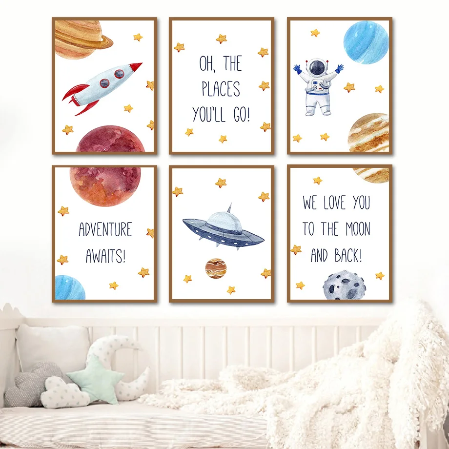 Мультфильм космонавты и ракеты космическая планета Детская Wall Art Холст Картины