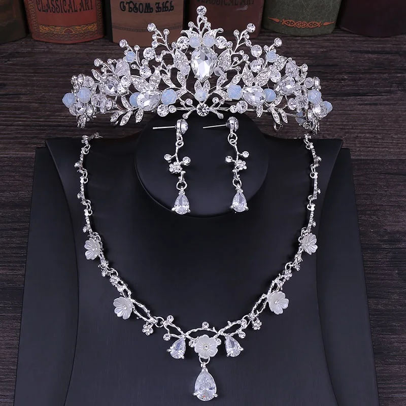 Свадебная жемчужная корона тиара цветок из страз-кристаллов ожерелье и серьги Ювелирные наборы для невесты
