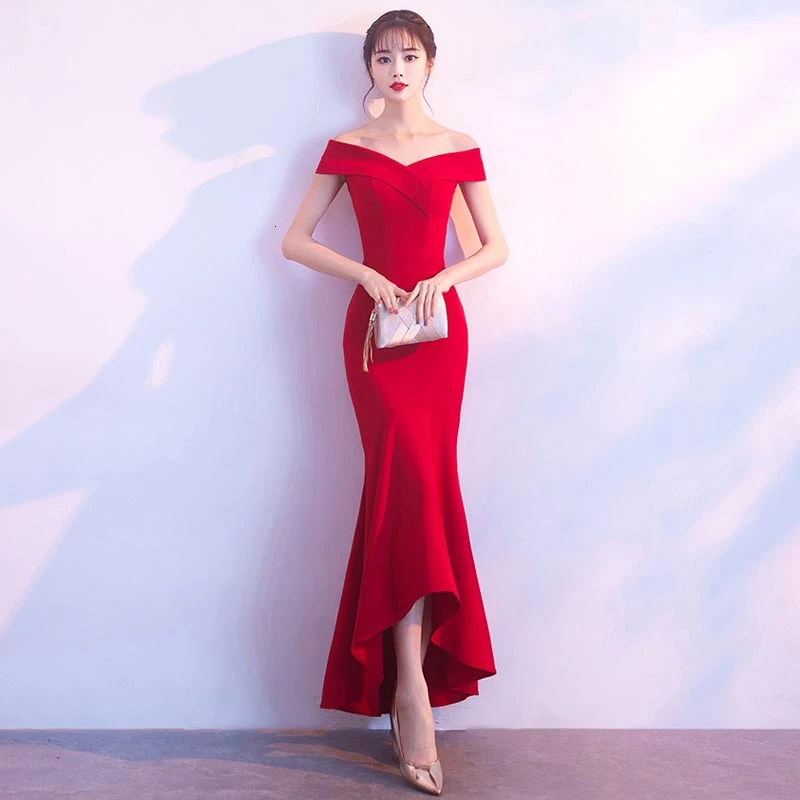 

Red Mermaid Irregular Bride Evening Dress Long Sexy Chinese Wedding Gown Women Cheongsam Girl Modern Oriental Style Dresses