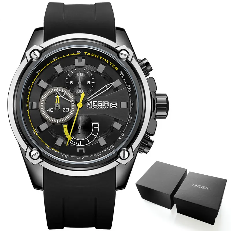MN2086G-Black Мужские кварцевые часы MEGIR с силиконовым ремешком, спортивные наручные часы с хронографом для мужчин, часы Relogios Masculino, 2086, золотые, черные - Цвет: MN2086G-Black
