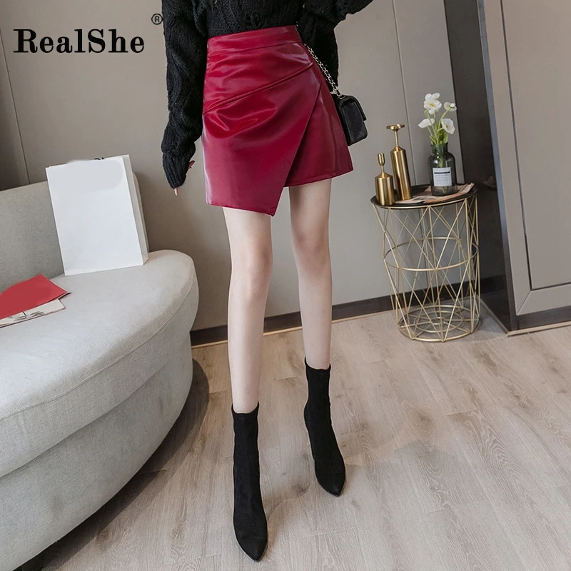 RealShe мини-юбка кожаная Высокая талия однотонная женская юбка мини Лето Осень элегантная повседневная короткая Jupe Femme