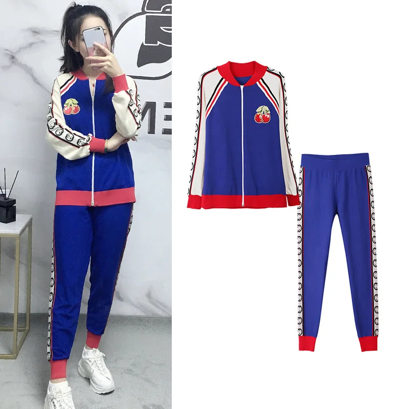 

Sports set autumn college fresh women two-piece separate long-sleeved jacket nine pants cherry embroidery knit set