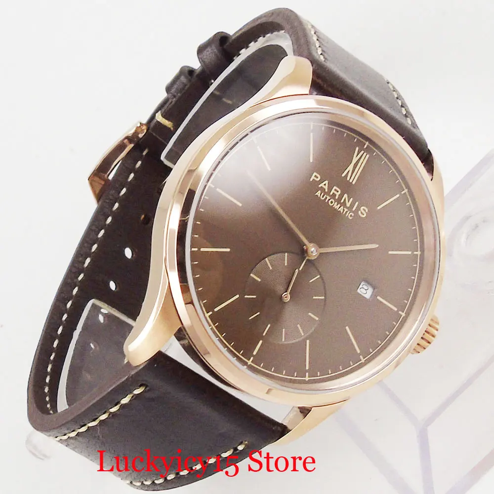 PARNIS 42 мм Мужские механические часы розовое золото; круг чехол наручные часы Авто Дата кофе циферблат кожаный ремешок