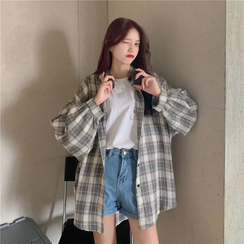Plaid Shirts Women Long Sleeve Cardigan 