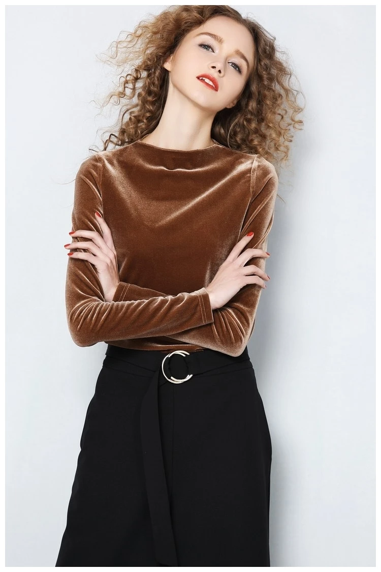 Женская винтажная велюровая блузка с высоким воротником Офисная уличная длинным