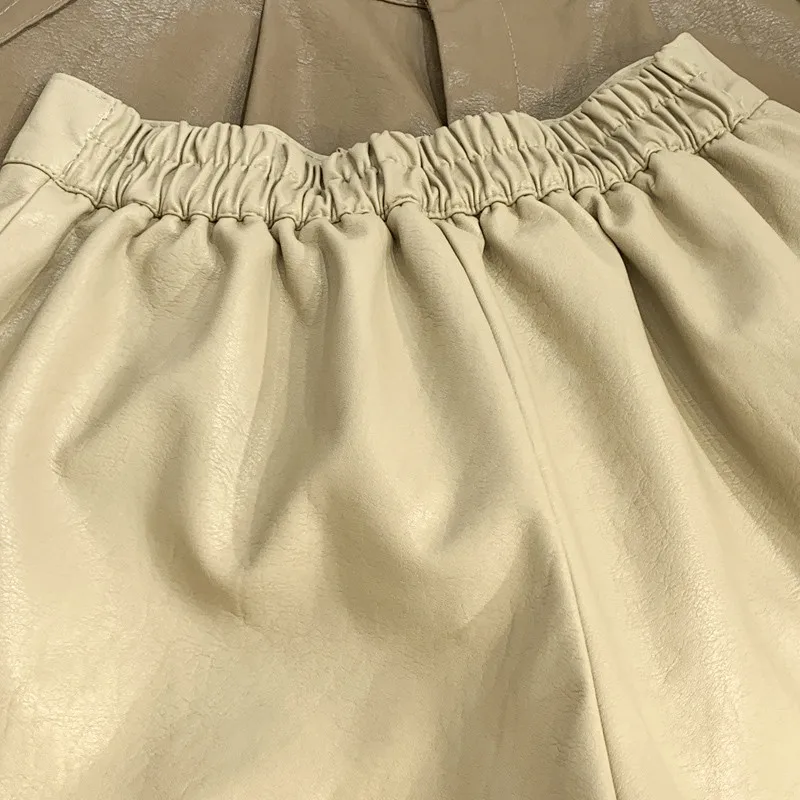 Кожаные женские шорты, модные, новые, тонкие, короткие, Femme, высокая талия, широкие, женские шорты, свободные, абрикосовые, черные, сексуальные, байкерские шорты C6066