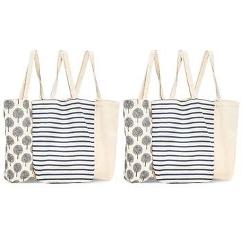 

6 Pieces of Reusable Cotton Grocery Shopping Tote Bag, 3 Designs, 15 x 16.5 x 3.7 Inches