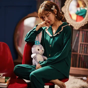 

MELIFLE All-Cotton Turn-down Collar Women's Sleepwear Solid Long Sleeve Loose Mujer Pajamas Set Elastic Waist Long Pants Nightie