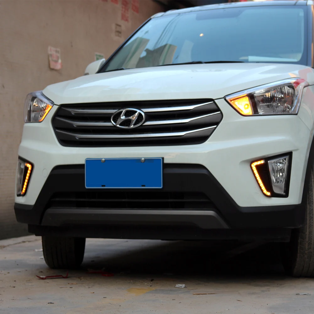AOSHIKE 2 шт. DRL Дневной ходовой светильник для hyundai Crete IX25 светодиодный противотуманная накладка DRL лампа с желтым вращающимся сигналом