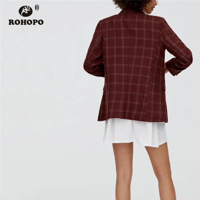 ROHOPO Double Breast Plaid Claret Blazer Side Flaps Welted Pockets Female Autumn Slim Notched Collar Outwear #2312 ROHOPO Double Breast Plaid Claret Blazer Side Flaps Welted Pockets Female Autumn Slim Notched Collar Outwear #2312