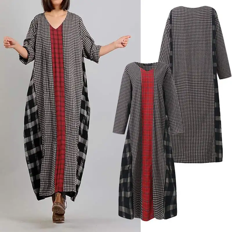 ZANZEA Women Plaid Checked Maxi Long DressSpring Vintage V neck Long Sleeve Sundress Loose Patchwork Vestido Kaftan Plus Size ZANZEA Women Plaid Checked Maxi Long DressSpring Vintage V neck Long Sleeve Sundress Loose Patchwork Vestido Kaftan Plus Size