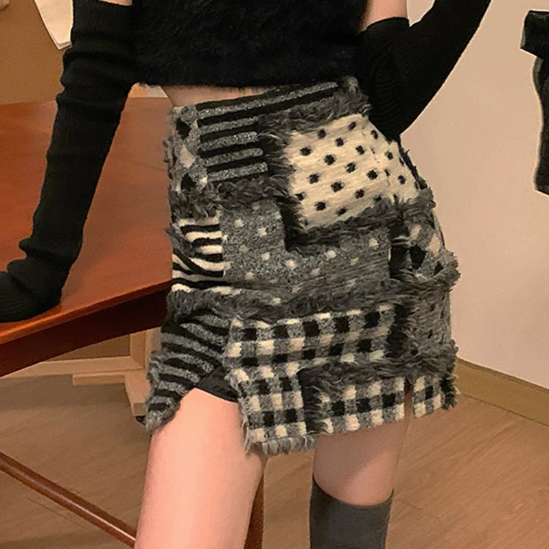 

Vintage Patchwork Woolen Pencil Skirts Women High Waist Mini Skirt Split Tassel Sheath Skirt A-Line Plaid Dot Bodycorn 2022 M597