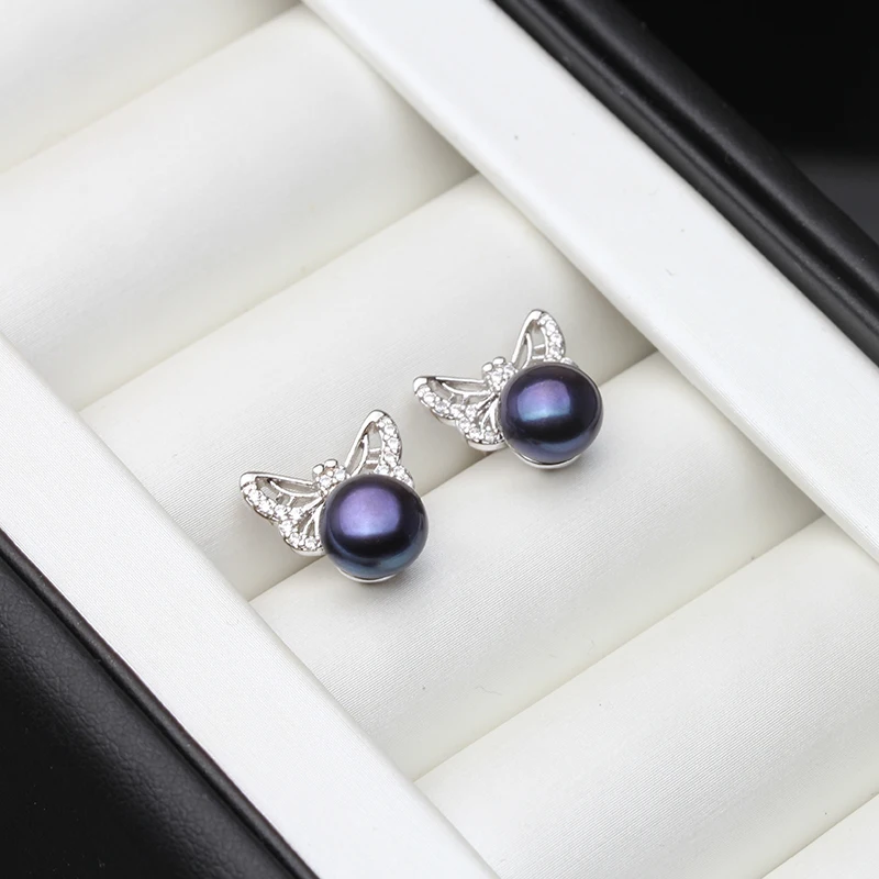 Fashion Natural Freshwater Black Pearl stud Earring Cute animal Jewelry For Women wedding gift 